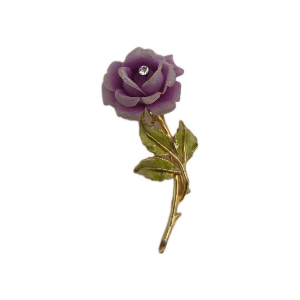 Vintage Purple Rose Gold Tone Enamel Brooch Pin Rhinestone Accent Green Leaves